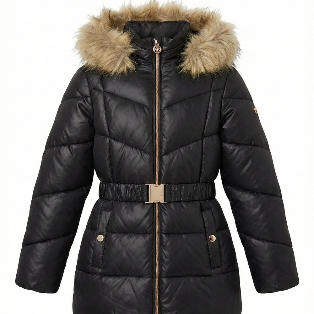 Michael Kors Girls Black Puffer Coat Size 11/12 Faux Fur Hood Fleece Lined